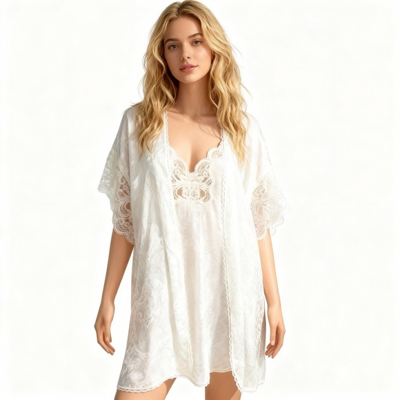 Vintage 70s Deena Ivory Slip Dress with Matching Robe Size Small - Picture 1 of 6